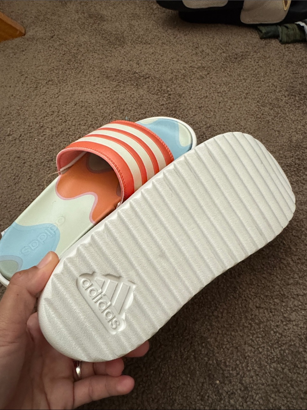 adidas Coral and White Striped Slide Sandals - Picture 4 of 5